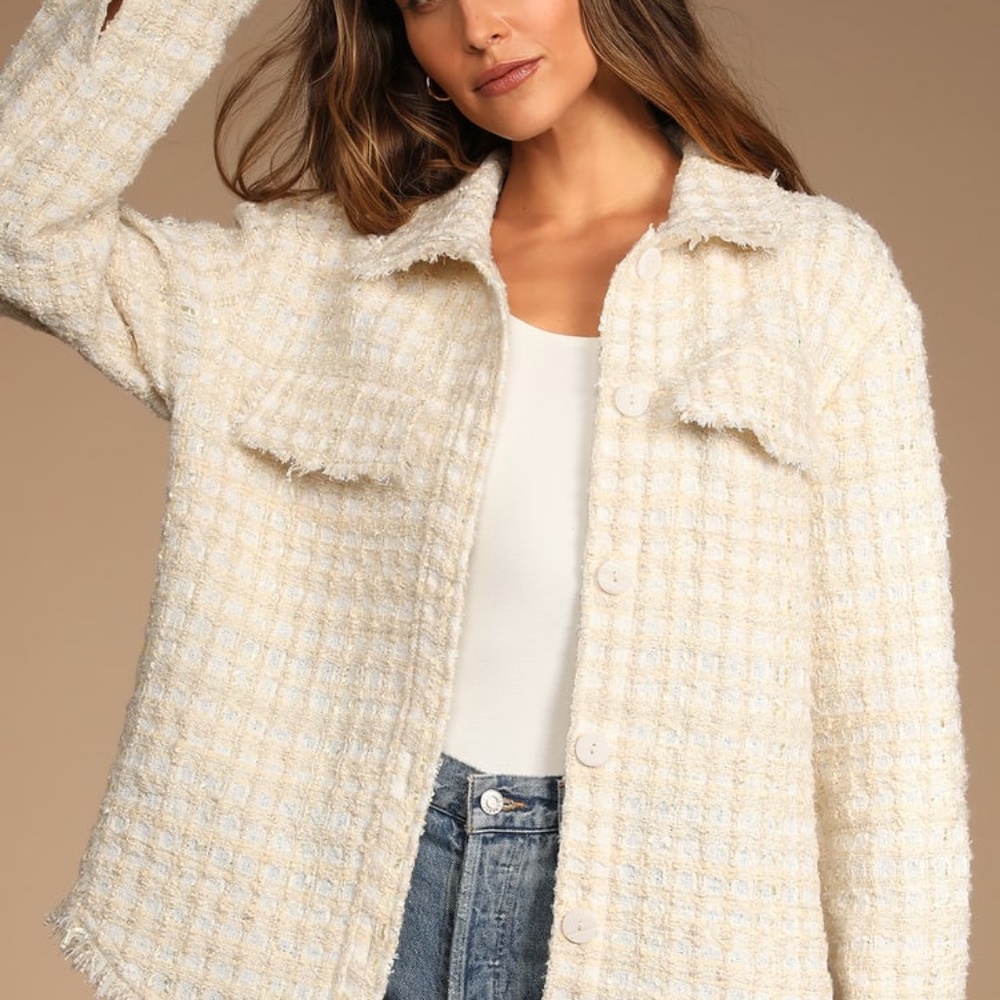 LULUS White Tweed Fringed Shacket ~ XS